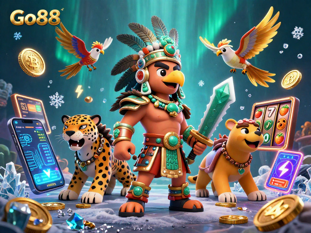 Experience the thrill of Go88 with vibrant 3D Aztec warrior scenes and exciting slot symbols.