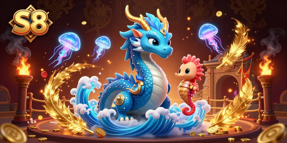 S8 offers immersive gaming experiences with a majestic dragon, seahorse knight, and jellyfish amidst dynamic casino elements.