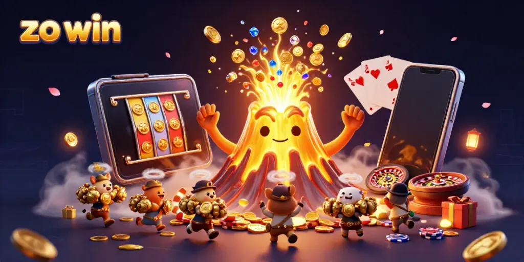 Experience the excitement of zo win with a triumphant volcano, coins, and treasure in a 3D casino scene