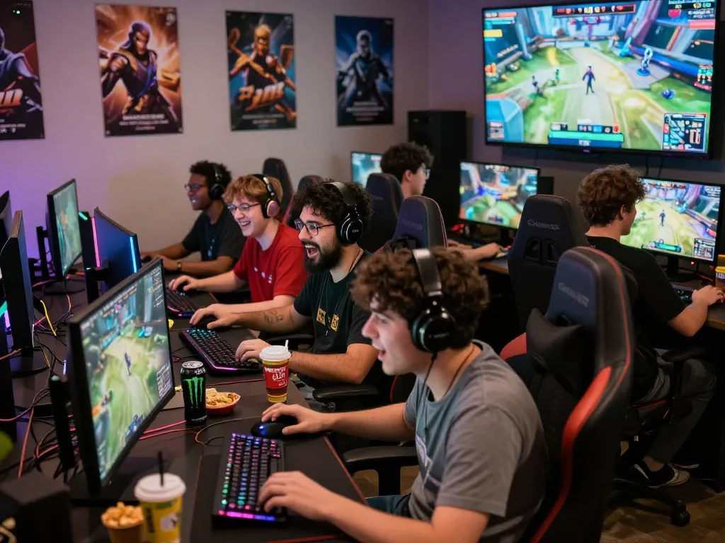 Engaged gamers in a vibrant gaming community at mantra88, showcasing excitement and camaraderie.