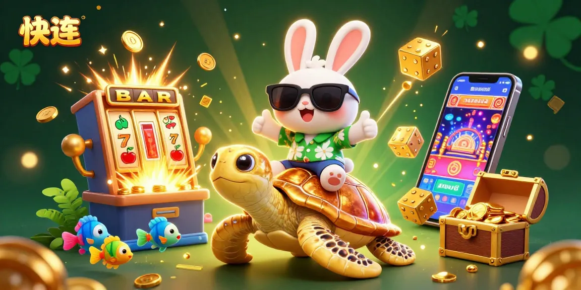 Experience 快连 and luck with a vibrant scene filled with cartoon characters, slot machines, and gold coins!