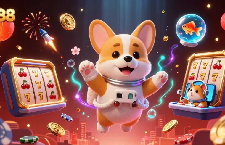 Experience the excitement of xo88's floating casino scene with a cosmic twist, featuring vibrant slot elements.