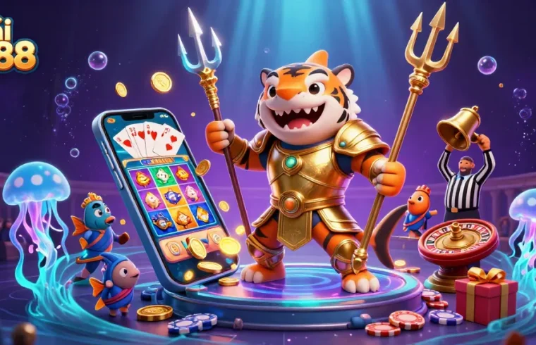 Tải Go88 by experiencing vibrant underwater casino action with a shark in gladiator armor and cheering fish.