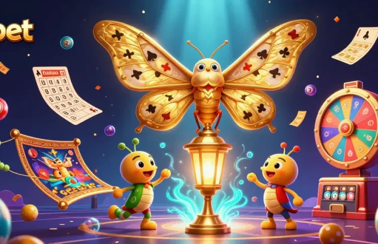 Engage with fabet's vibrant lottery and casino scenes featuring a majestic moth and golden treasures.