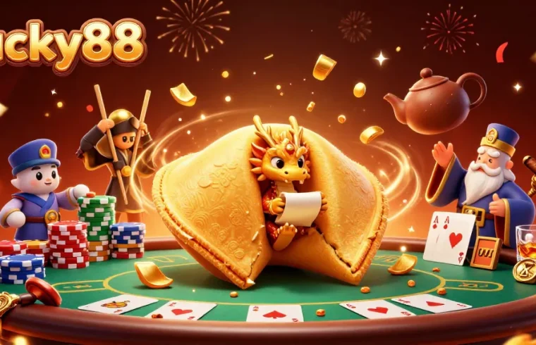 Engage with Lucky88 at an exciting 3D casino scene featuring animated poker action and fantasy elements.