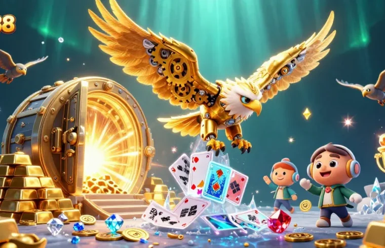 DA88 showcases a dynamic online casino scene with a cybernetic eagle amid floating cards and treasures.