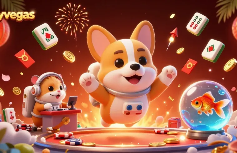 Experience the excitement at crazyvegas with a playful astronaut corgi and floating casino treasures.