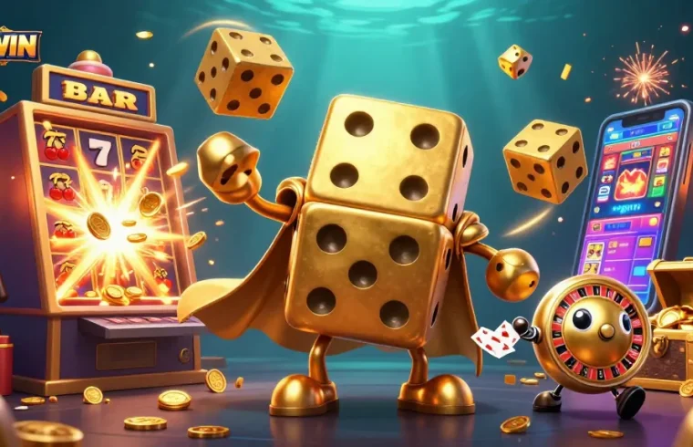 Experience the excitement of SUNWIN with a vibrant casino-themed 3D illustration featuring golden dice and a jackpot.