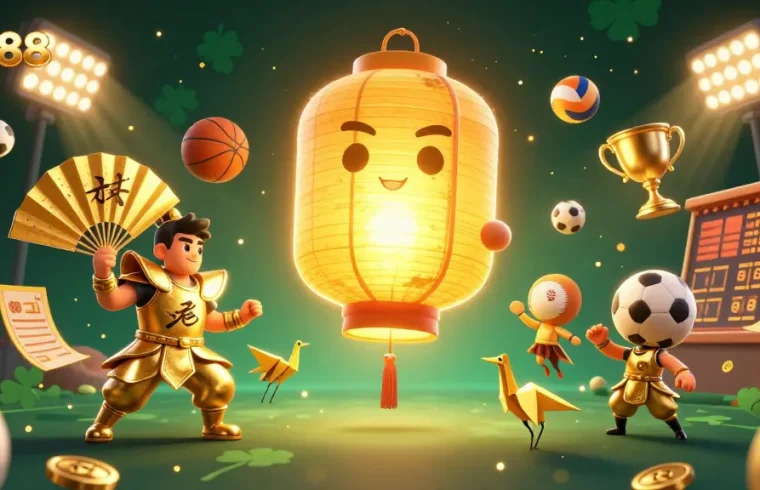 SIN88 showcases vibrant casino gaming elements, including illuminated lanterns and sports balls, in an engaging 3D scene.