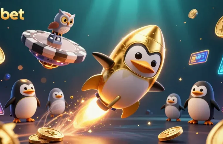 Bet on zbet with a thrilling 3D illustration of a rocket-powered golden penguin and crypto elements.