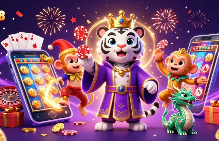 Experience TA88 with a playful jester and majestic tiger in a vibrant casino scene.