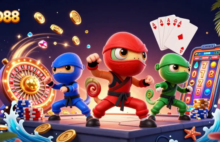 Engage in thrilling gaming at RED88 with chameleon ninjas showcasing casino excitement