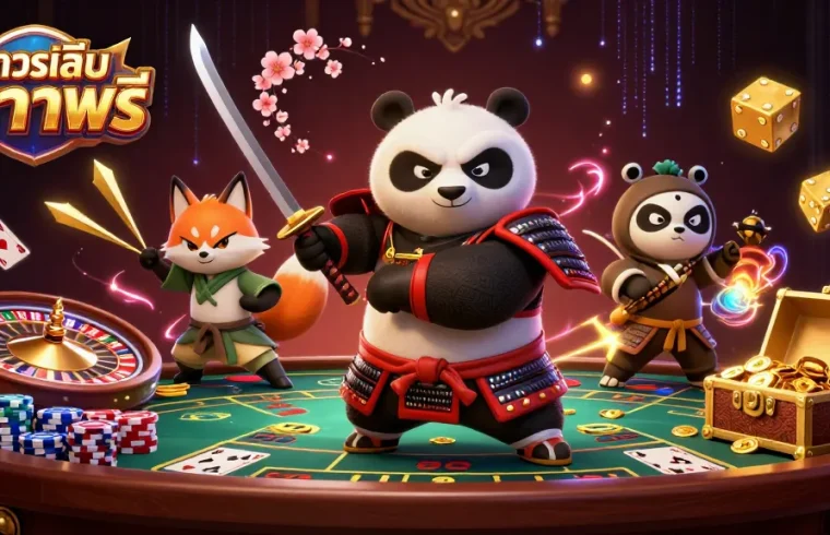 Experience ทดลองเล่นบาคาร่าฟรี with samurai panda and a ninja fox in an exciting casino scene.