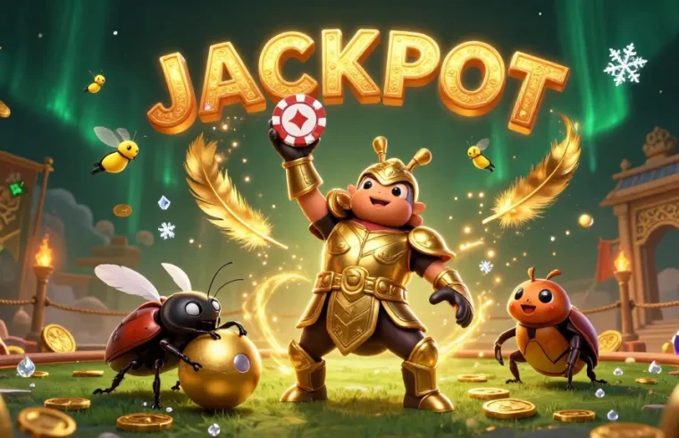 Engage with Fabet's thrilling victory scene featuring a hercules beetle in gold armor and a jackpot celebration.
