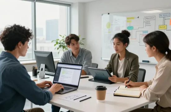 Build internal tools with AI in a vibrant, collaborative workspace scene showcasing diverse professionals brainstorming and developing technology.