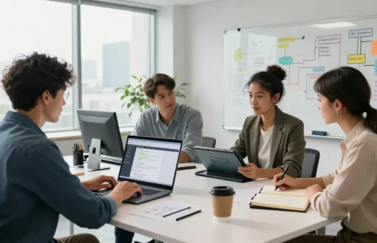 Build internal tools with AI in a vibrant, collaborative workspace scene showcasing diverse professionals brainstorming and developing technology.