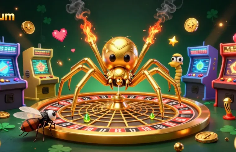 Experience the excitement of datum with a 3D cartoon spider and centipede croupier betting at a golden roulette wheel.