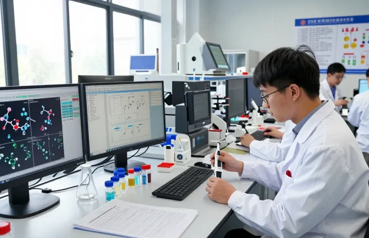 View the catalog of premium peptides in a cutting-edge research lab with scientists analyzing vials and data.