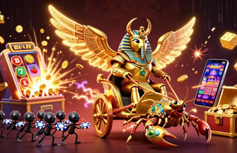 Engage with 88aa's thrilling gameplay featuring a colossal scarab beetle, vibrant casino elements, and dynamic energy bursts.
