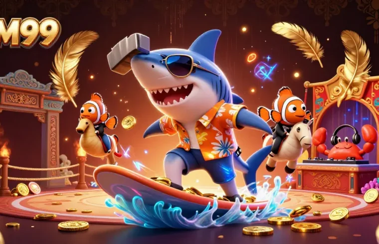 Experience thrilling MM99 adventures with a shark surfing on gold coins surrounded by casino elements.