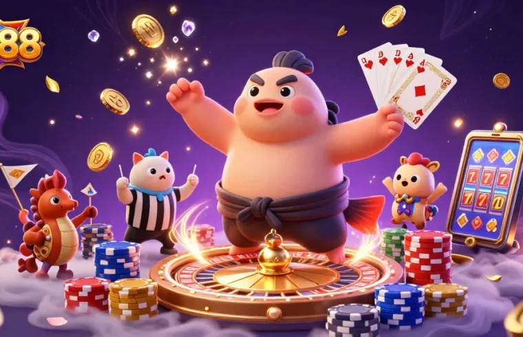 Engaging GG88 illustration featuring a sumo blowfish in an underwater gaming ring with playful seahorse spectators