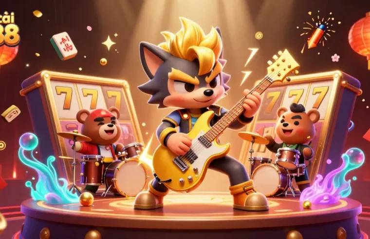 Experience the excitement with nhà cái Sc88's vibrant casino scene featuring a rock star wolf and a drummer bear.