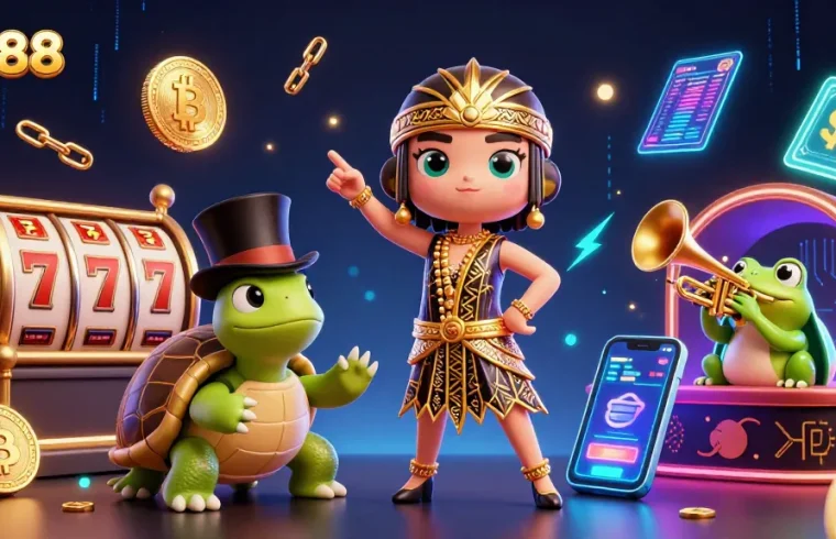 Experience the thrilling world of XX88 with vibrant casino characters and crypto elements, enhancing your gaming adventure.