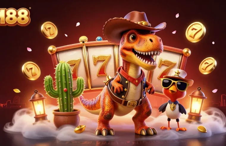 Engage with CM88's thrilling games featuring a cowboy dinosaur and vibrant casino elements.