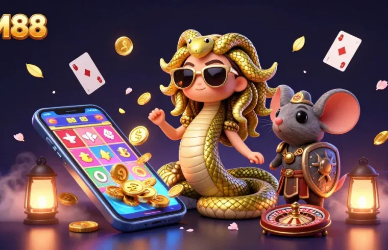 Engage with MM88's vibrant casino scene showcasing friendly Medusa and a stone mouse amidst exciting games.