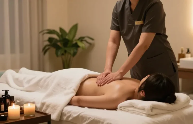 Relaxing massage therapy scene featuring 부평출장마사지 in a tranquil spa environment.