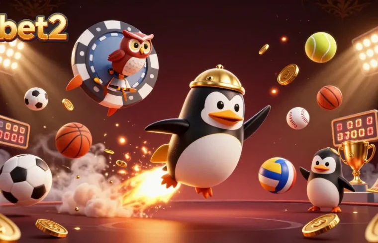 Experience thrilling gaming action in e2bet2 with a golden penguin journeying through a dynamic casino space scene.