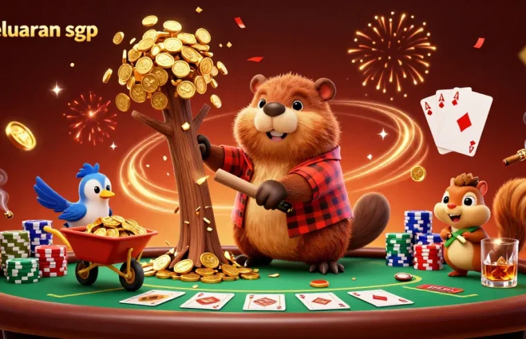 Experience lively keluaran sgp action with a beaver, bird, and squirrel collecting golden coins in this vibrant casino scene.