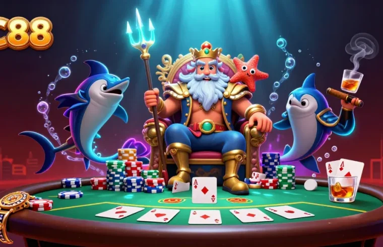 SC88 offers an exciting poker night with Neptune and vibrant casino elements in a stunning underwater scene.
