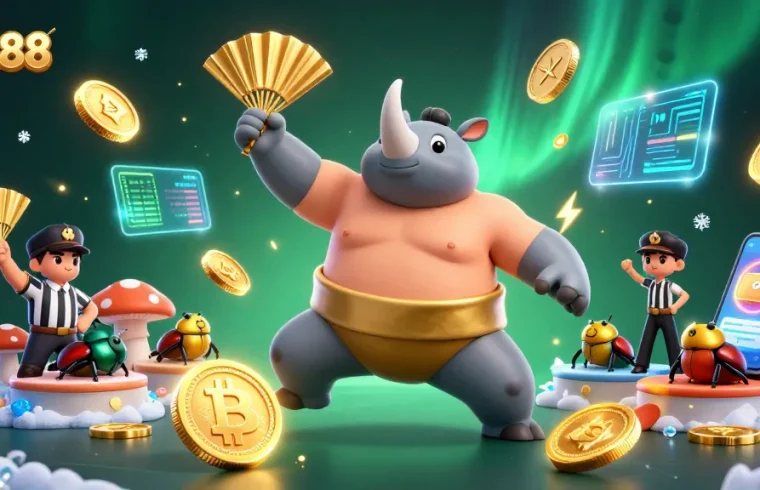 Experience MM88 excitement with a dynamic 3D illustration of a beetle champion amidst the thrill of online gambling.