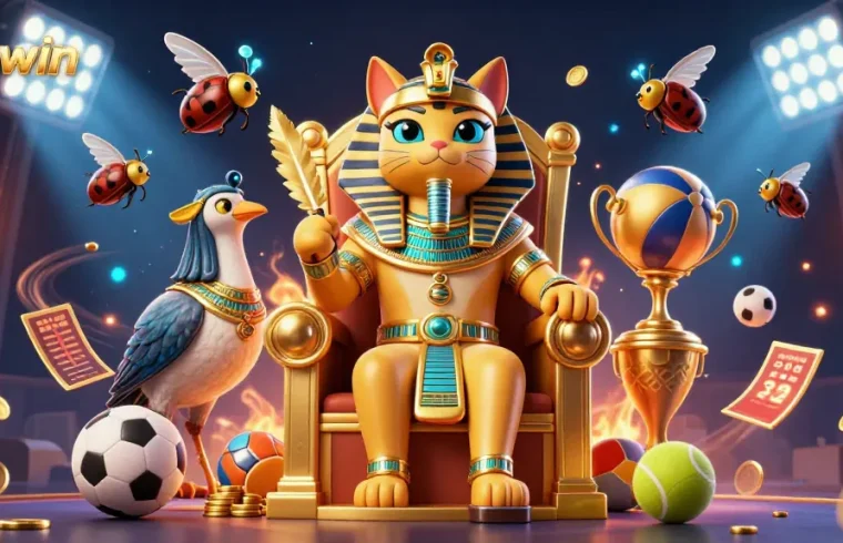 Sunwin combines sports betting excitement with a vibrant pharaoh cat illustration, promoting online gaming.
