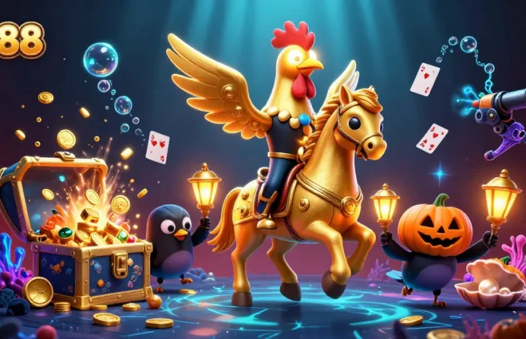 Experience exciting gaming action at RR88 with a dynamite scene featuring a golden rooster and underwater treasures.