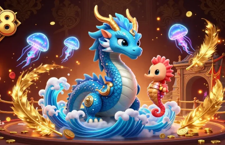 S8 offers immersive gaming experiences with a majestic dragon, seahorse knight, and jellyfish amidst dynamic casino elements.